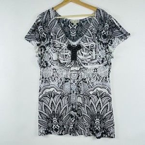 Live And Let Live Black White Beaded Loose Fit Swing Top Tee Shirt Women Plus 2X